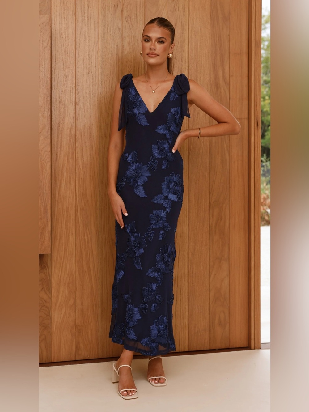 Navy Floral Tie-Shoulder Wedding Guest Dress